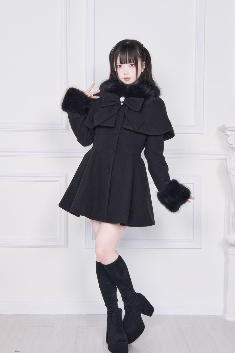 Black Plush Collar Long Sleeves Bowknot Japanese Sweet Lolita Coat - Product - 7