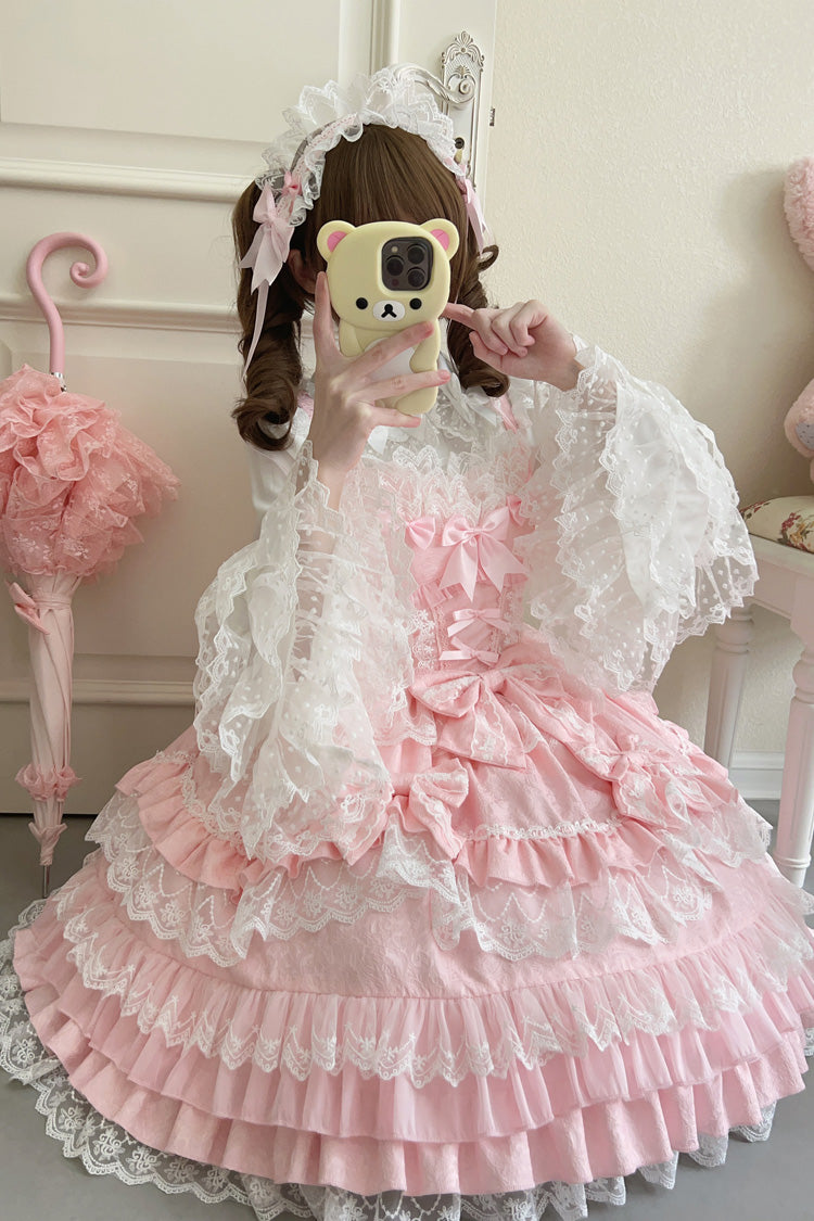 Pink Multi-Layered Ruffle Bowknot Stitching Lace Sweet Lolita Jsk Dress - Product - 7