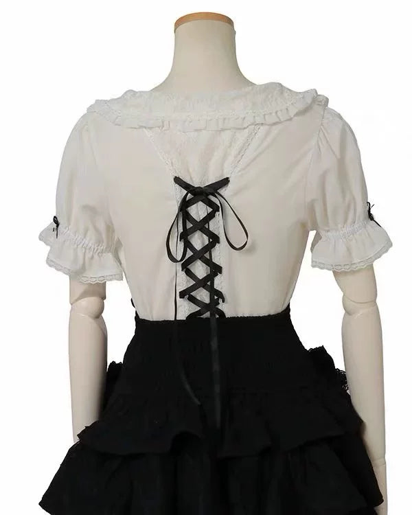 Sweet Short Sleeves Jacquard Ruffled Bow Lolita Blouse 3 Colors - Product - 3