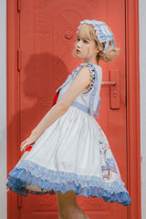 White/Blue Sailor Collar Delicious Food Print Ruffled Sweet Lolita Suspender Dress - Product - 4