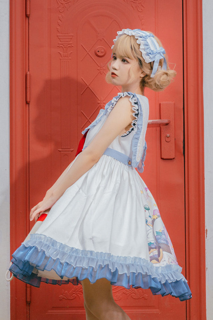 White/Blue Sailor Collar Delicious Food Print Ruffled Sweet Lolita Suspender Dress - Product - 4