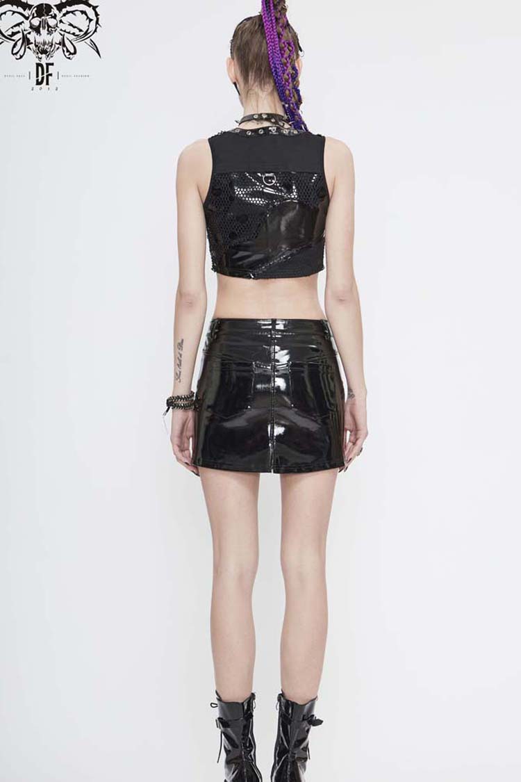 Black Short Leather Splice Mesh Asymmetrical Heavy Metal Decoration Women's Punk Waistcoat - Product - 7