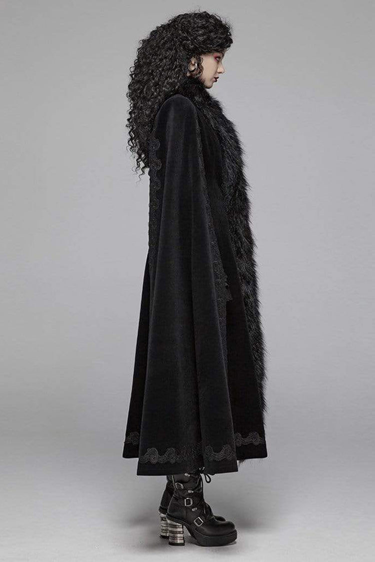 Black Fur Collar Slit Cloak Shape Sleeve Back Waist Lace Up Imitation Cashmere Long Women's Gothic Coat - Product - 3