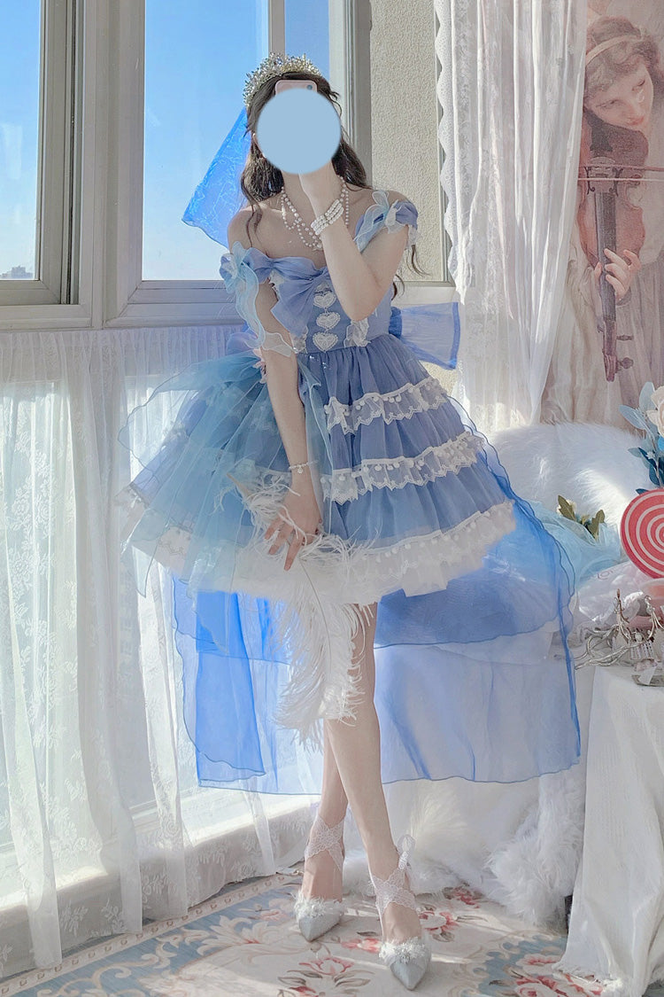 Blue Multi-Layered Ruffled Hanayome Bow Pearl-Decorated Sweet Lolita Jsk Dress Full Set 2 Versions - Product - 6