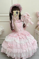 Pink [Super Cute Belia] Sleeveless Triple-Layered Ruffle Bowknot Lace Sweet Elegant Lolita Jsk Dress - Product - 5