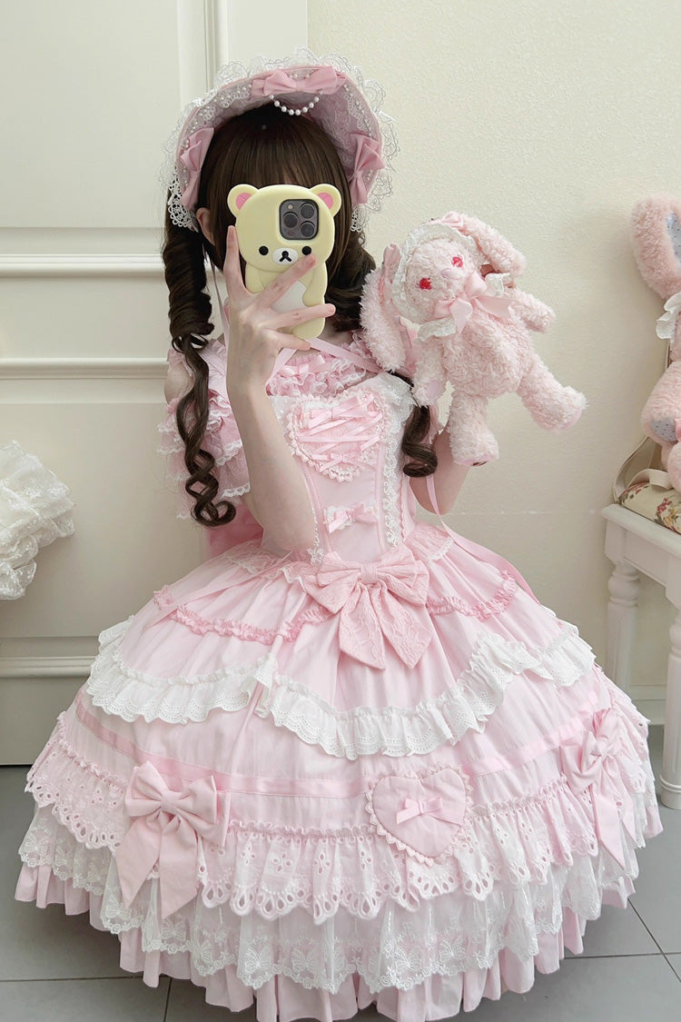 Pink [Super Cute Belia] Sleeveless Triple-Layered Ruffle Bowknot Lace Sweet Elegant Lolita Jsk Dress - Product - 5