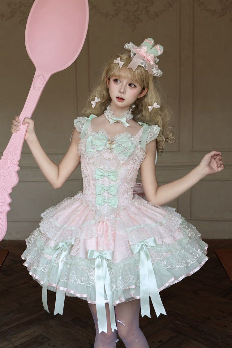 Pink [Candy Satin Ballet] Square Collar Sleeveless Multi-Layered Ruffled Bow Lace Pearl Detail Sweet Lolita Jsk Dress - Product - 4