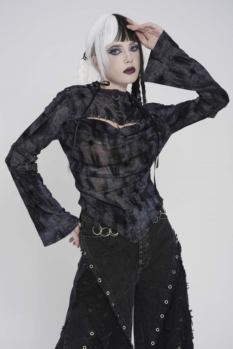 Black Stand Collar Long Sleeves Printed Spliced Lace-Up Asymmetric Buckled Women's Punk Blouse - Product - 9