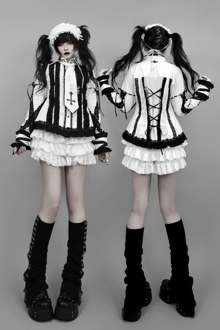 White/Black Lapel Collar Long Sleeves Embroidery Gothic Jirai Kei Blouse - Product - 2