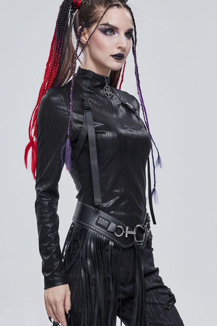 Black Punk Shimmery Stretch Fabric With Zipper Metal Pentagram Pendant Women's Shirt - Product - 9