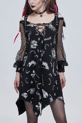 Black Gothic Knit Bone Print Sling Metal Grommet Strap Design Long Sleeve Women's Dress - Black - 1