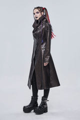 Brown Large Neckline Design Shoulder String Decoration Long Leather Women's Punk Jacket - Product - 3