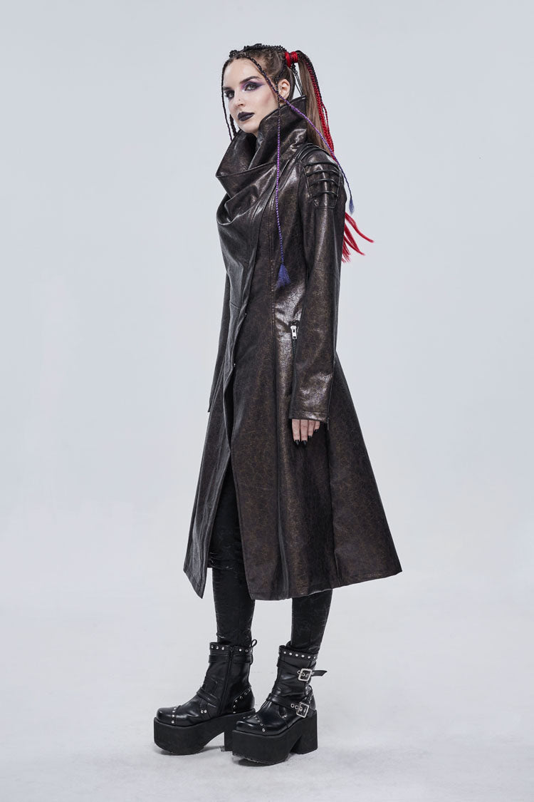 Brown Large Neckline Design Shoulder String Decoration Long Leather Women's Punk Jacket - Product - 3