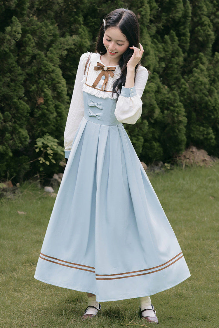 Light Blue Lapel Collar Long Sleeves Bow Spliced Faux Two-Piece Sweet College Style Lolita Dress - Product - 3