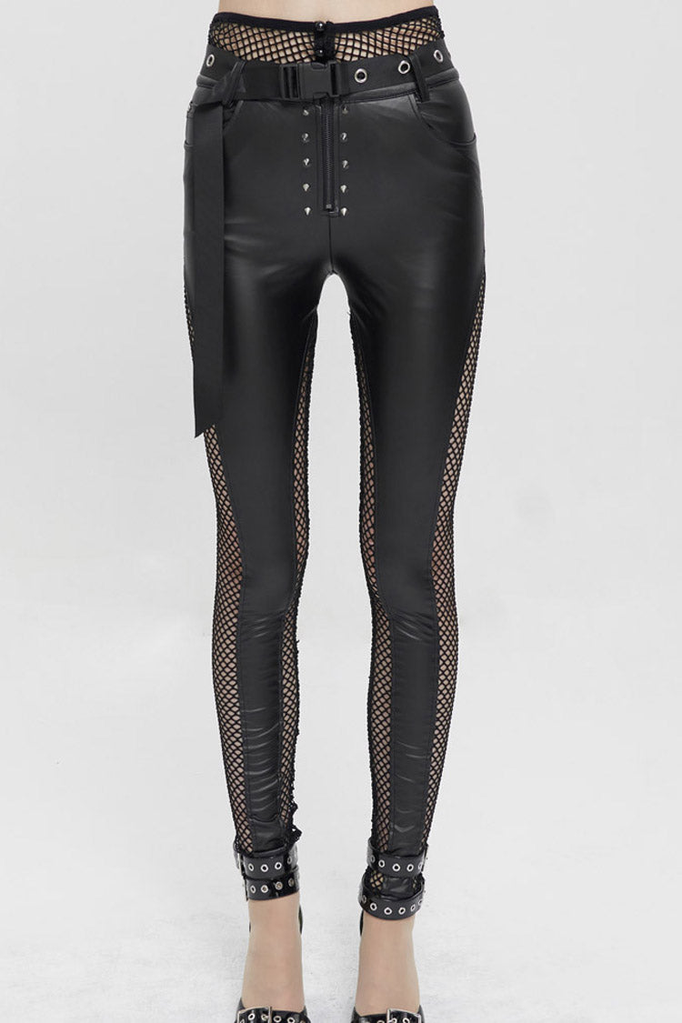 Black Fake Two-Piece Faux Leather Stitching Mesh Networking Women's Punk Pants - Product - 10
