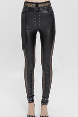 Black Fake Two-Piece Faux Leather Stitching Mesh Networking Women's Punk Pants - Product - 10