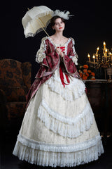 Wine/Ivory Long Hime Sleeves Lace-Up Classic Vintage Palace Lolita Victorian Dress - Product - 4