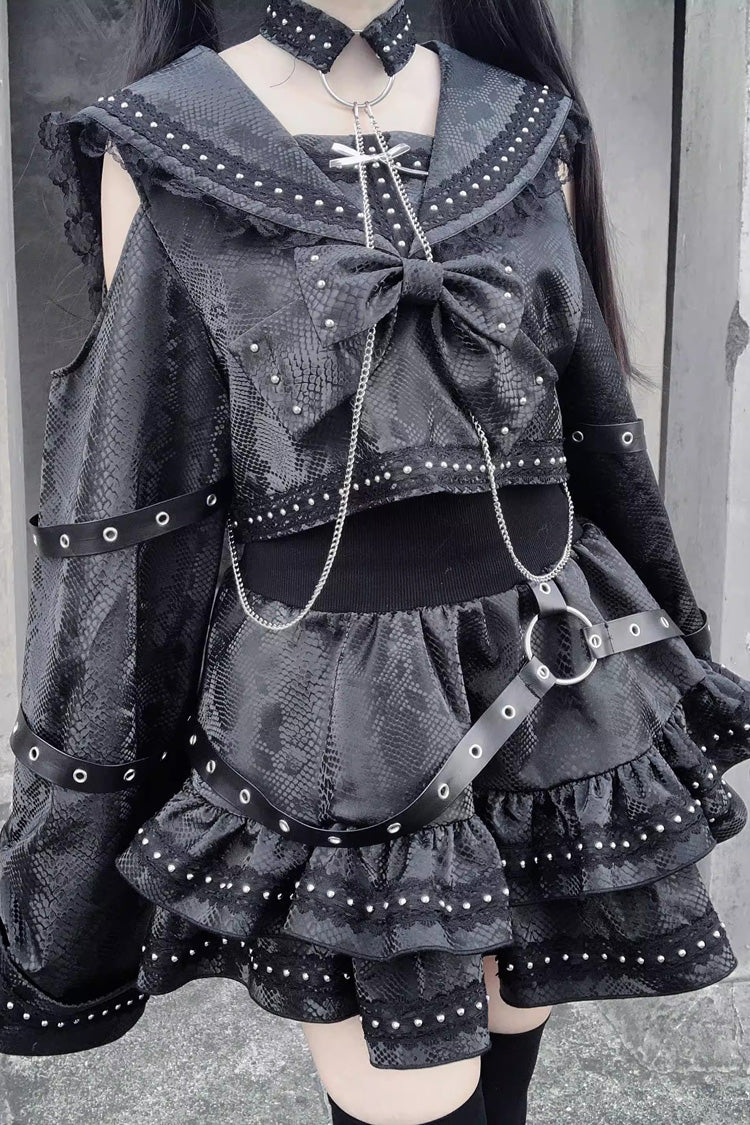 Black [Serpent Devour] Navy Collar Long Sleeves Snake Printed Ruffled Bow Studded Gothic Jirai Kei Skirt Set - Product - 10