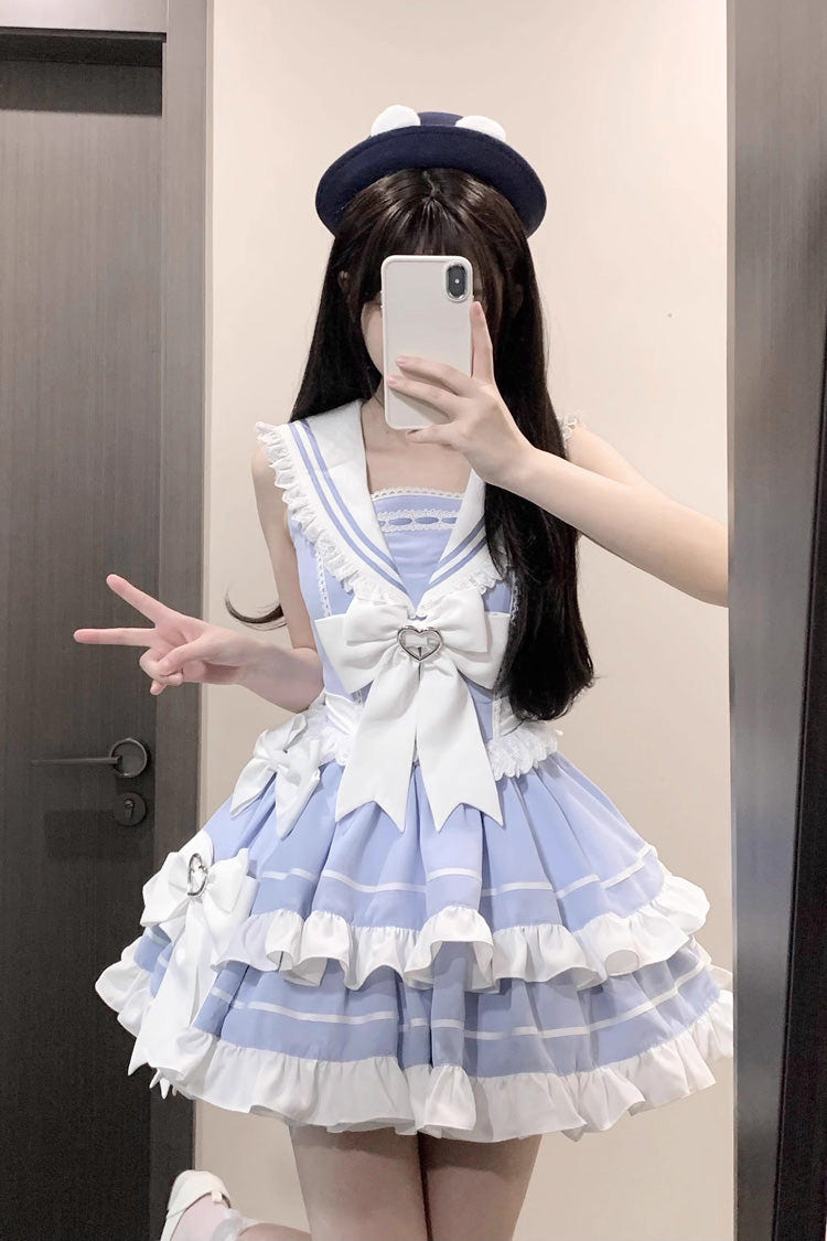 Light Blue Navy Style Sleeveless Double Layer Ruffle Bowknot Lace Sweet Lolita Dress - Product - 6