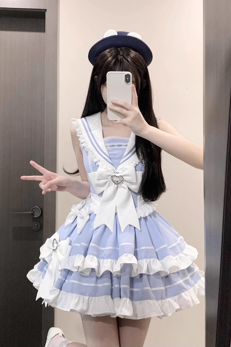 Light Blue Navy Style Sleeveless Double Layer Ruffle Bowknot Lace Sweet Lolita Dress - Product - 6