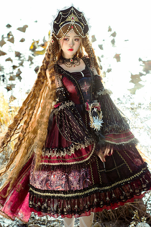 Wine Vintage Hanayome Eye of Red Heart Bowknot Multi-Layer Ruffled Classic Lolita JSK Dress - Product - 2