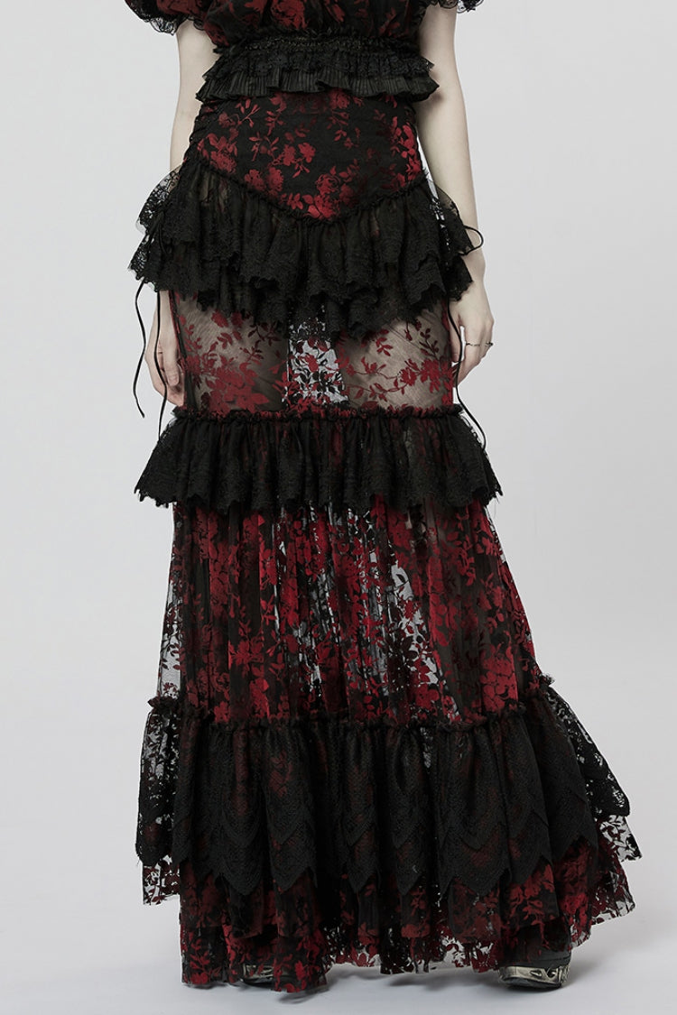 Black/Red Layered Ruffle Hollow Lace Women's Gothic Skirt - Black/Red - 1