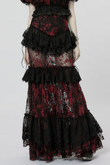 Black/Red Layered Ruffle Hollow Lace Women's Gothic Skirt - Black/Red - 1