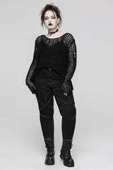 Round Collar Striped Print Irregular Ripped Women's Gothic Sweater 4 Colors - Product - 12