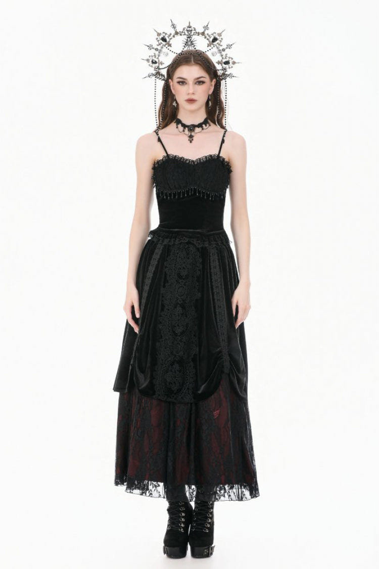 Black Lace Mesh Patchwork Velvet Women's Gothic Vintage Bustier with Beaded Tassel Drops - Product - 5