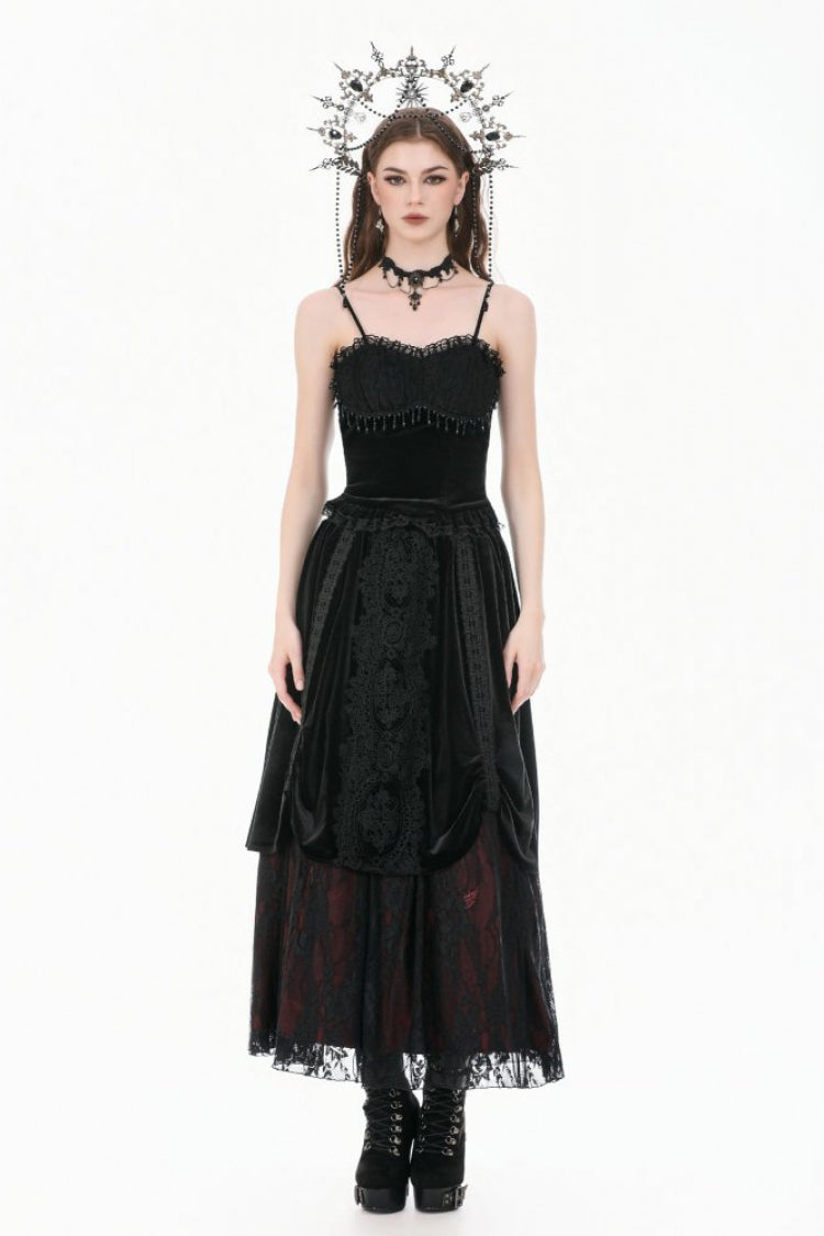 Black Lace Mesh Patchwork Velvet Women's Gothic Vintage Bustier with Beaded Tassel Drops - Product - 5