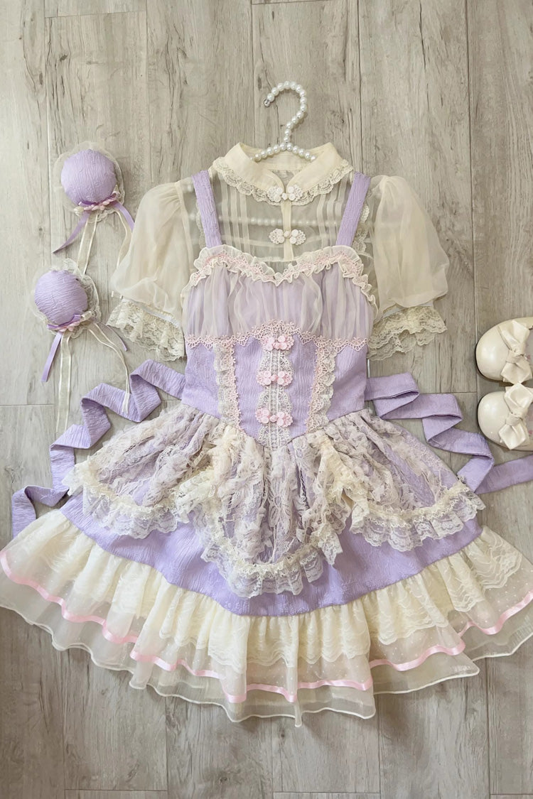 Flower Bud Halterneck Print Ruffle Lace Sweet Chinese Ballet Style Lolita Jsk Dress 3 Colors - Product - 15
