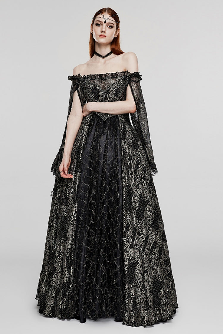 Black/Gold Boat Neck Off Shoulder Print Hollow Stitching Mesh Women's Gothic Dress - Product - 4