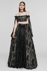 Black/Gold Boat Neck Off Shoulder Print Hollow Stitching Mesh Women's Gothic Dress - Product - 4