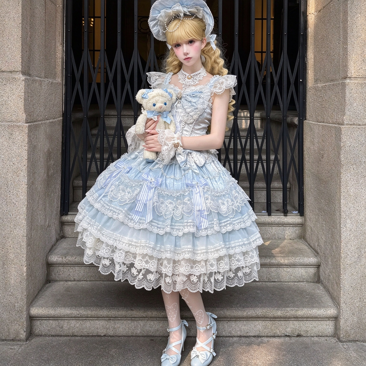 Elegant Ruffled Lace Lolita Dress Set with Bow Accents - view 5