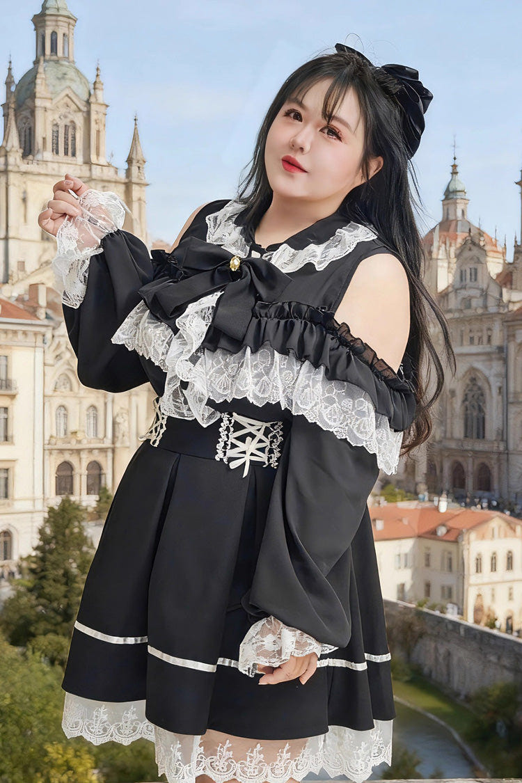 Black Off Shoulder Long Sleeves Ruffle Bowknot Lace Sweet Plus Size Princess Jirai Kei Skirt Blouse Set - Product - 5