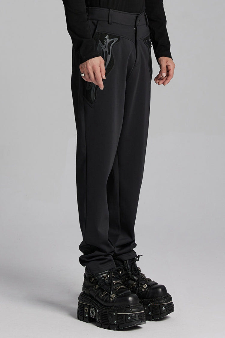 Black Leather Trim Stitching Rivet Men's Punk Pants - Product - 2
