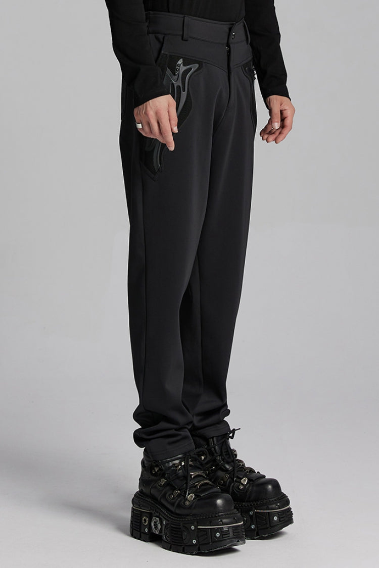 Black Leather Trim Stitching Rivet Men's Punk Pants - Product - 2