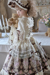 Brown [Antique Teddy Bear] Sleeveless Printed Bow Lace Sweet Elegant Lolita Jsk Dress - Product - 2