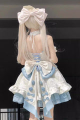 Apricot/Blue Print Ruffle Bowknot Sweet Princess Lolita Jsk Dress - Product - 4