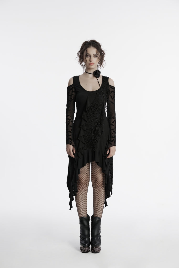 Black Off Shoulder Long Sleeves Spliced Irregular Mesh Pleated Eyelet Women's Gothic Witch Dress - Product - 2