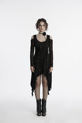 Black Off Shoulder Long Sleeves Spliced Irregular Mesh Pleated Eyelet Women's Gothic Witch Dress - Product - 2