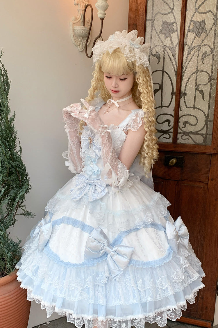 White/Blue [Flower Dream Isle] Square Collar Multi-Layered Ruffled Bow Lace Sweet Lolita Jsk Dress - Product - 3