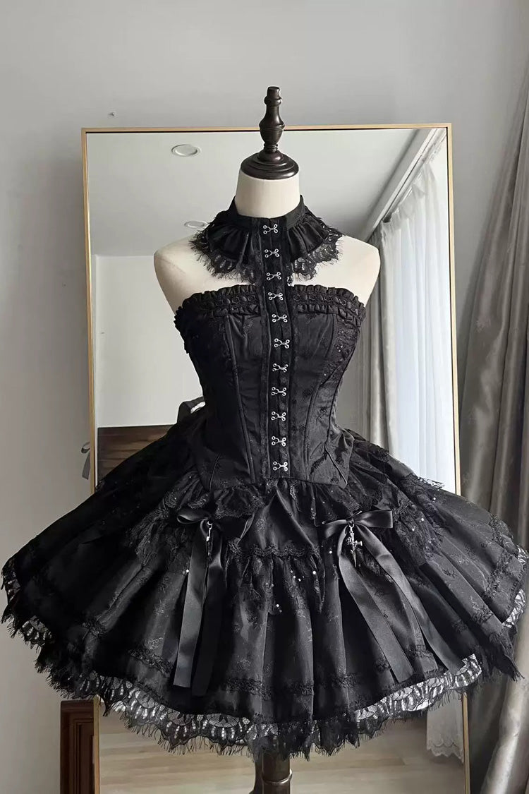 Black [Silver Moon Thorn] Off Shoulder Sleeveless Jacquard Ruffled Bow Patchwork Lace Gothic Lolita Skirt Two-piece Set - Black(Top+Skirt) - 1
