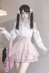 White/Pink [Dreamy Love Ballad] Lapel Collar Long Sleeves Double-Layered Ruffled Cut-Out Bow Gothic Japanese Jirai Kei Skirt Set - White/Pink(Set) - 1