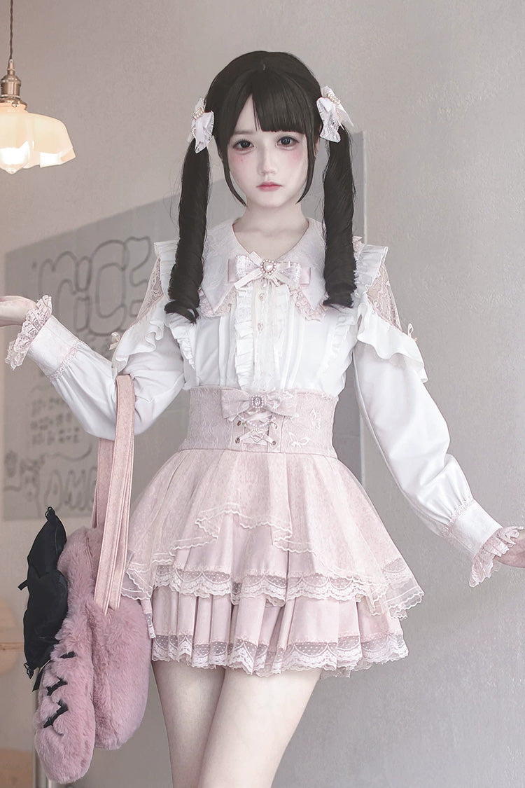 White/Pink [Dreamy Love Ballad] Lapel Collar Long Sleeves Double-Layered Ruffled Cut-Out Bow Gothic Japanese Jirai Kei Skirt Set - White/Pink(Set) - 1