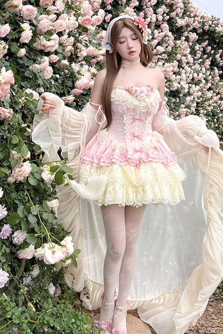 Pink [Pure Dream Flower Love] Multi-Layered Ruffle Embroidery Bowknot Lace Sweet Lolita Jsk Dress - Product - 10