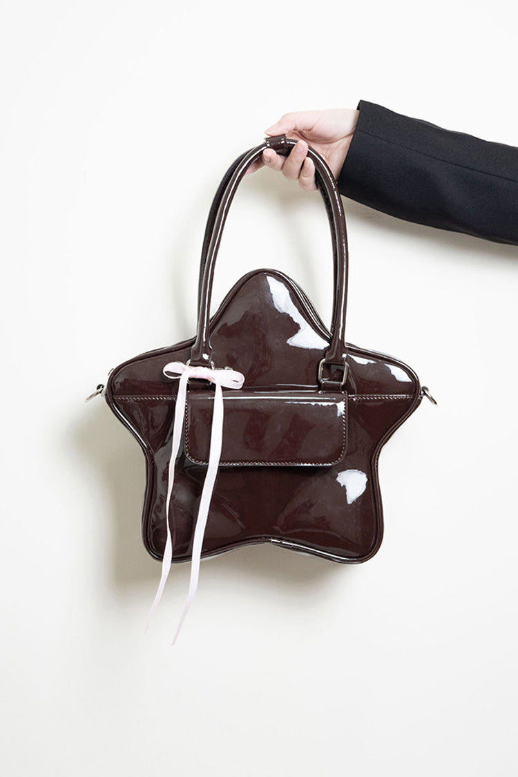 Chocolate Patent Leather Star Bow Sweet Lolita Handbag - Product - 3