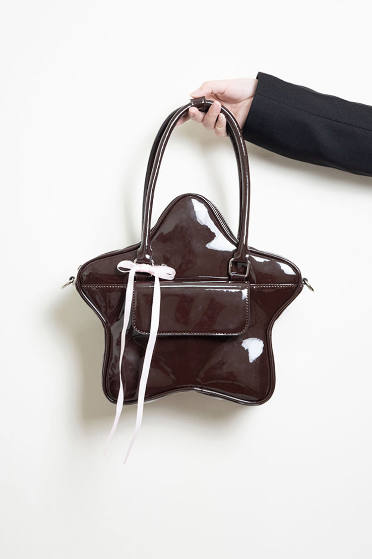 Chocolate Patent Leather Star Bow Sweet Lolita Handbag - Product - 3