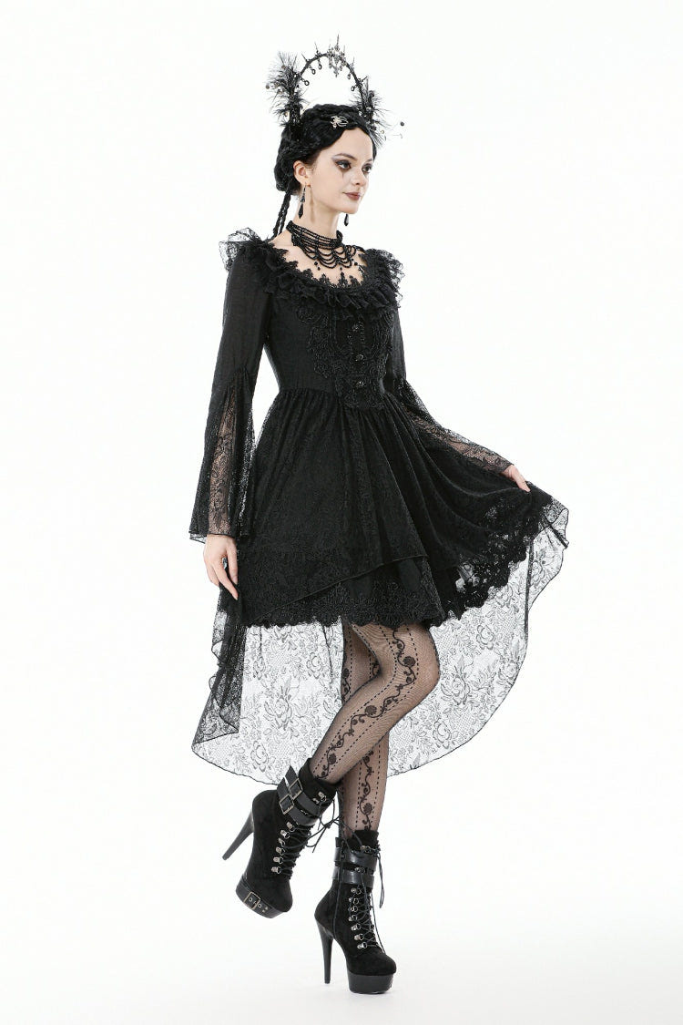 Black Lace Ruffled Boat Neck Long Trumpet Sleeves High-Low Hem Women's Gothic Dress - Product - 10