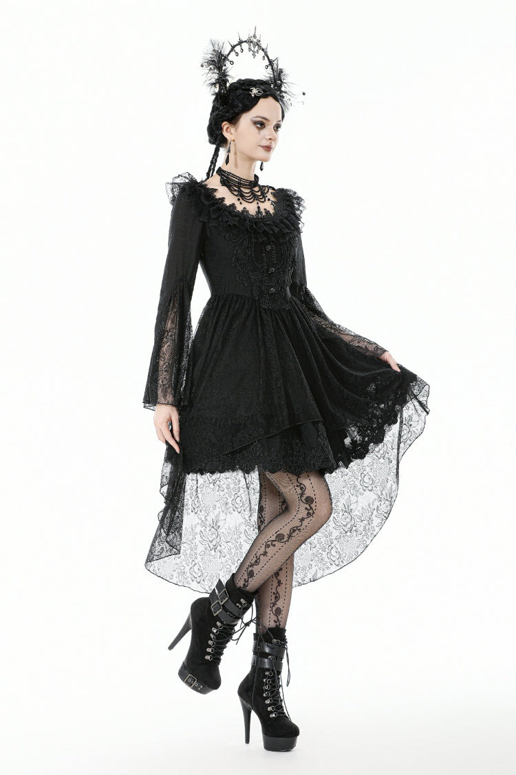 Black Lace Ruffled Boat Neck Long Trumpet Sleeves High-Low Hem Women's Gothic Dress - Product - 10